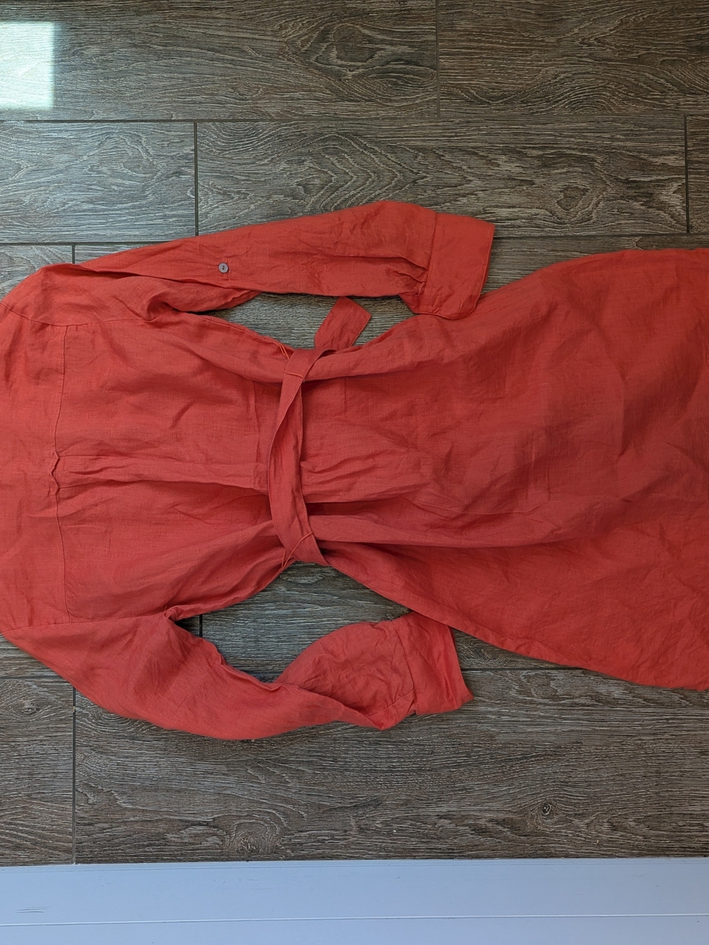 Magaschoni 100% Linen Shirt Dress Long Sleeve Small Spice Orange Belted Waist - Picture 8 of 10
